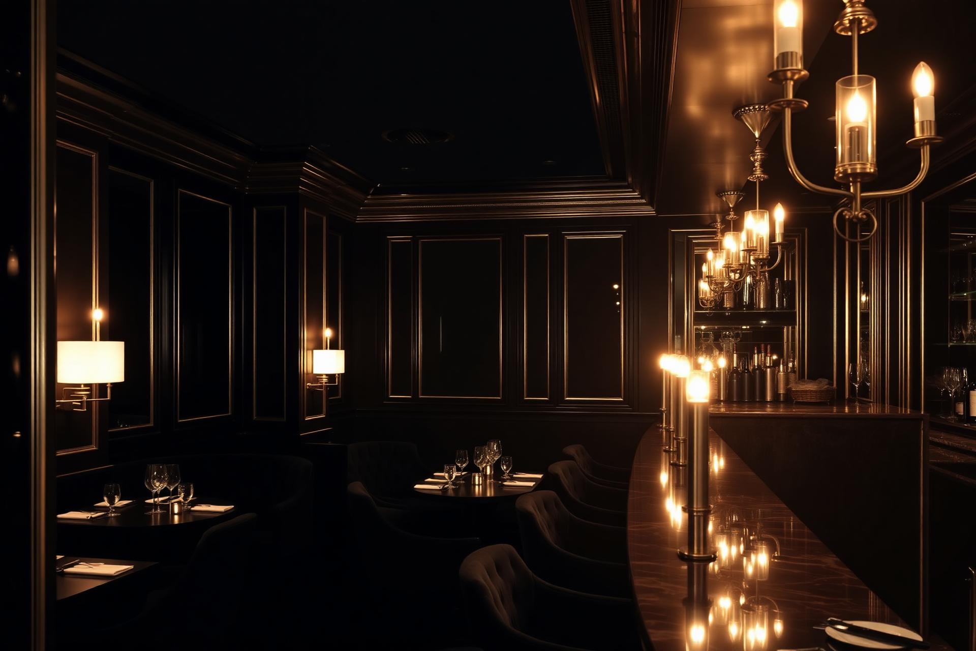 Candlelit London Mayfair dining room with brass and velvet detail